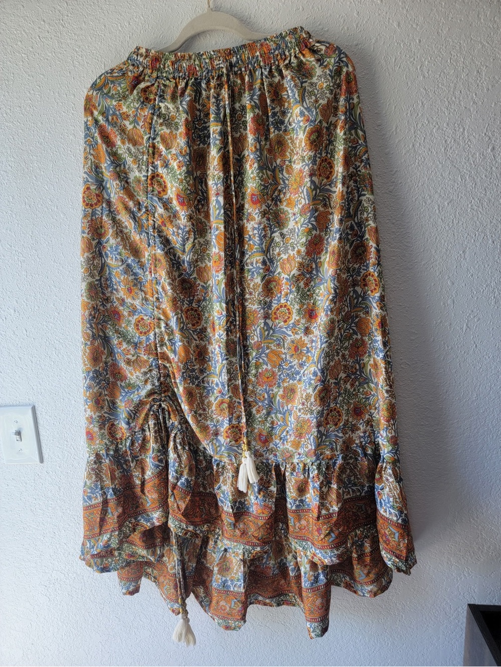 Bohemian Tiered Maxi Skirt - Floral Orange & Blue GardenBelle